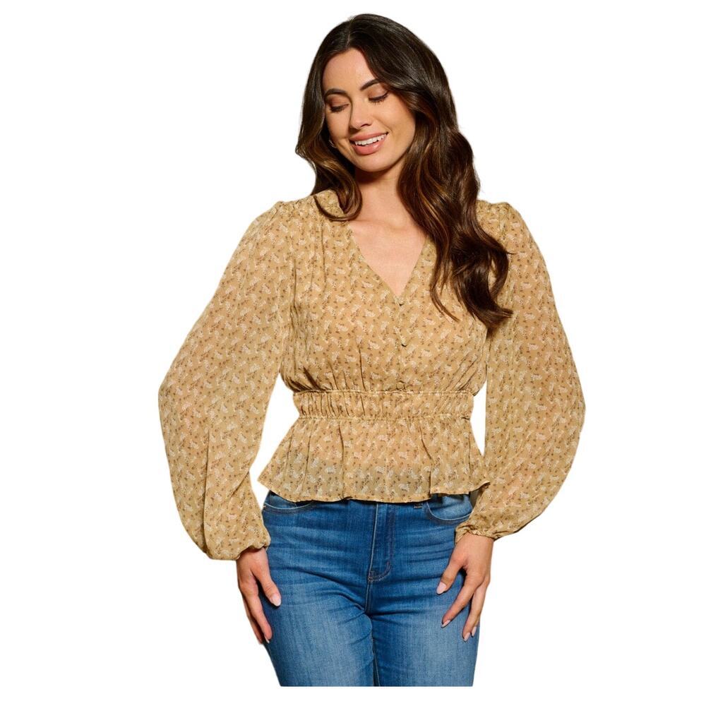 Just In!‎ Women's Long Sleeve V-Neck Peplum Floral Blouse Top Taupe Buttons